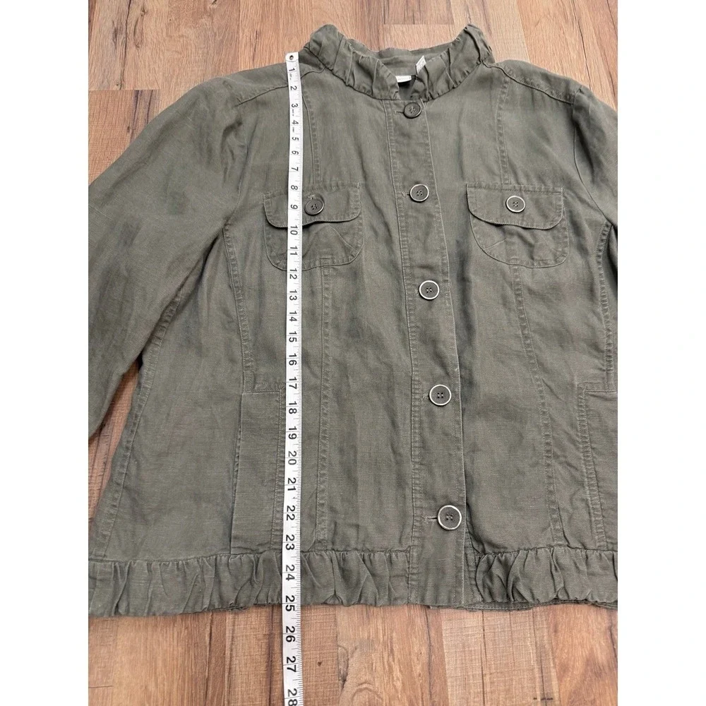 Chico's Linen Utility Jacket Olive Green Ruffle Hem Boho Large‎ XL